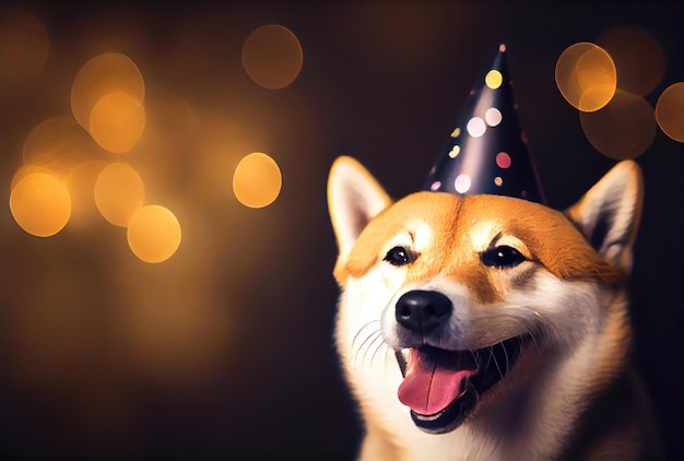 Felice cane Shiba inu in festa con bokeh sfondo chiaro Concetto di animali e animali da compagnia IA generativa