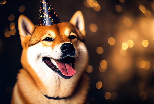 Felice cane Shiba inu in festa con bokeh sfondo chiaro Concetto di animali e animali da compagnia IA generativa