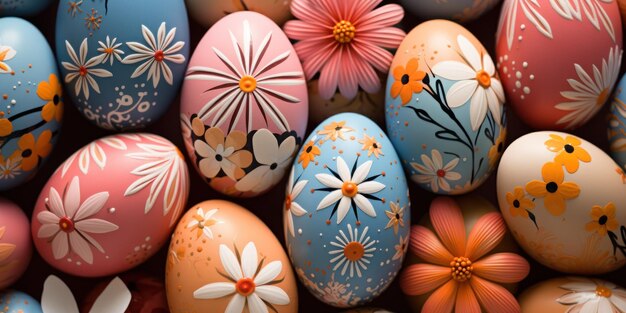 Felice carta di auguri di Pasqua di alcune colorate uova di Pasqua dipinte con diversi disegni di fiori unici