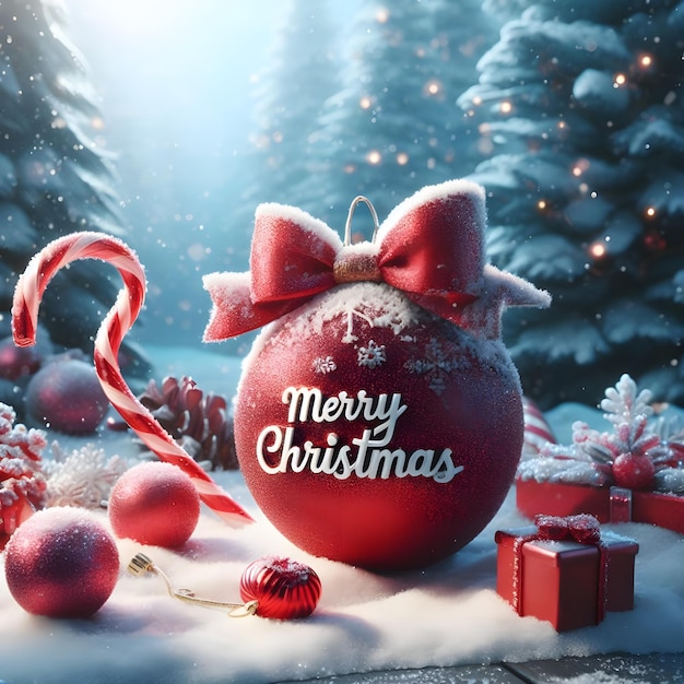 Felice cartolina di auguri di Natale con gioielli nella foresta innevata rendering 3D