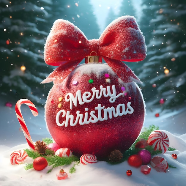 Felice cartolina di auguri di Natale con gioielli nella foresta innevata rendering 3D