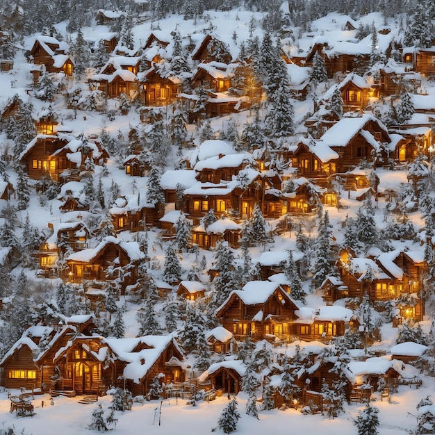 Felice celebrazione di Natale in una casa di legno coperta di neve