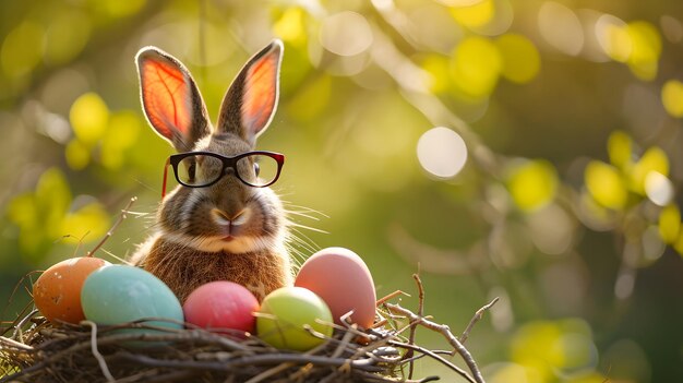 Felice celebrazione di Pasqua Coniglio di Pasqua con uova di Pasqua Concetto di caccia alle uova di Passaggio Coniglio di Passaggio