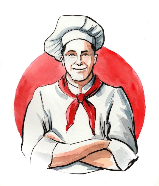 Felice chef del ristorante. Disegno a china e acquerello