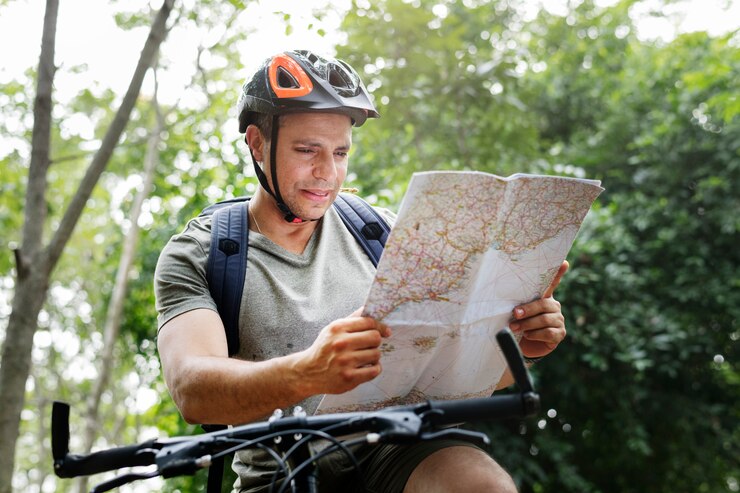 Foto felice ciclista a cavallo attraverso la foresta