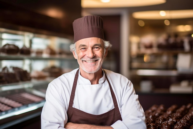 Felice cioccolatiere in cappello da chef in piedi vicino a gustose caramelle al cioccolato