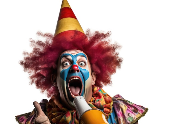 Felice clown urlando in altoparlante facendo ampi passi isolati su sfondo bianco Ai generativa