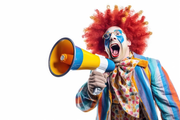 Felice clown urlando in altoparlante facendo ampi passi isolati su sfondo bianco Ai generativa