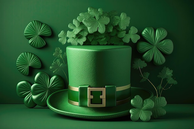 Felice concetto di decorazione del giorno di San Patrizio realizzato con foglia di trifoglio e cappello leprechaun su verde