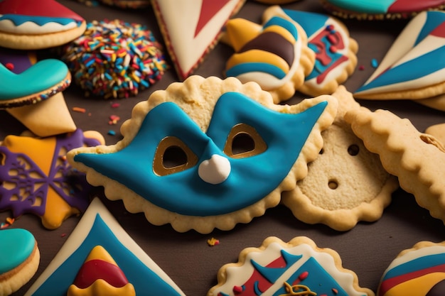 Felice concetto di decorazione di carnevale di Purim con la tradizionale generazione di AI al forno Hammentashen