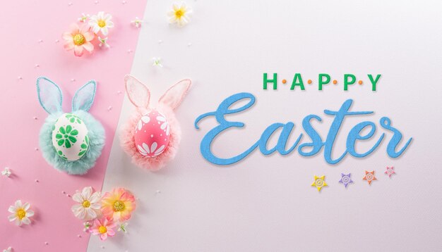 Felice concetto di decorazione pasquale Uova di Pasqua colorate con fiori e testo su sfondo rosa e bianco