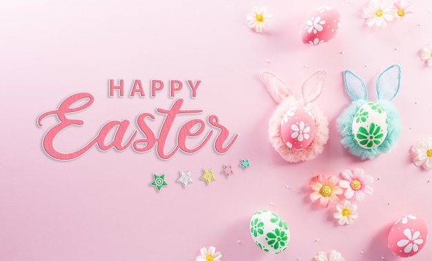 Felice concetto di decorazione pasquale Uova di Pasqua colorate con fiori e testo su sfondo rosa pastello