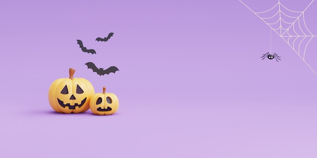 Felice concetto di Halloween con carattere di zucche e pipistrello sul rendering viola background.3d.