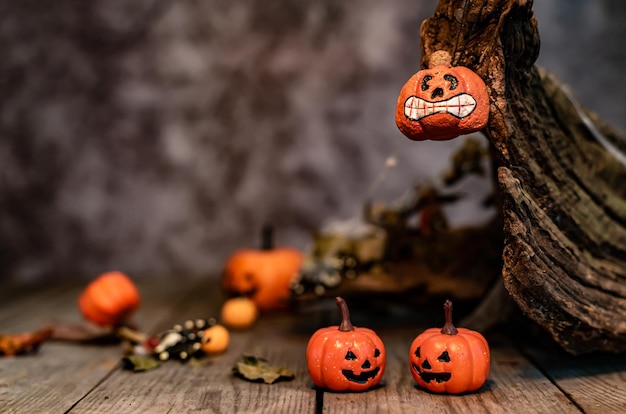 Felice concetto di Halloween. Dolcetto o scherzetto nella stagione autunnale. Simbolo spaventoso e oscuro di notte.