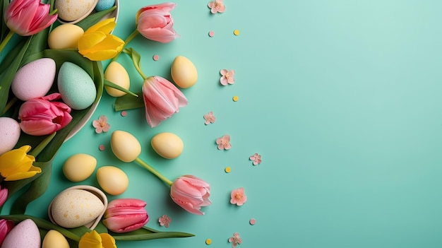 Felice concetto di Pasqua con tulipani e uova decorative in vari colori