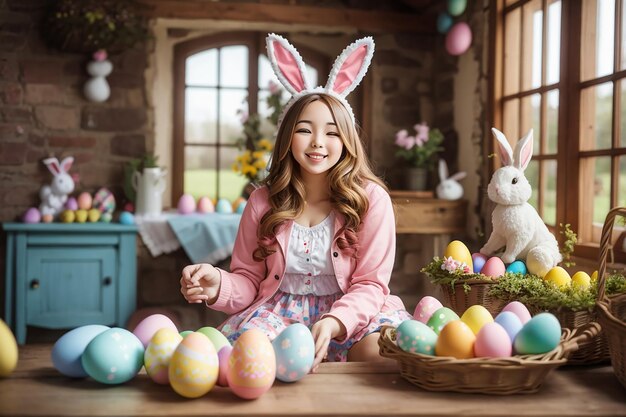 Felice coniglietta di Pasqua con uova colorate seduta in una casa di campagna e festeggiando la festa