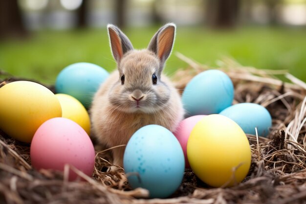 Felice coniglietto di Pasqua con molte uova di Pasqua colorate