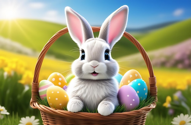 Felice coniglio di Pasqua con le uova di Pasqua seduti nel cesto fiori di primavera giorno di sole Bokeh