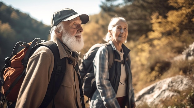 Felice coppia anziana anziana che fa un'escursione in montagna insieme godendosi la vita generata ai