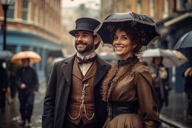 Felice coppia della fine del XIX secolo che passeggia per Londra Generative AI