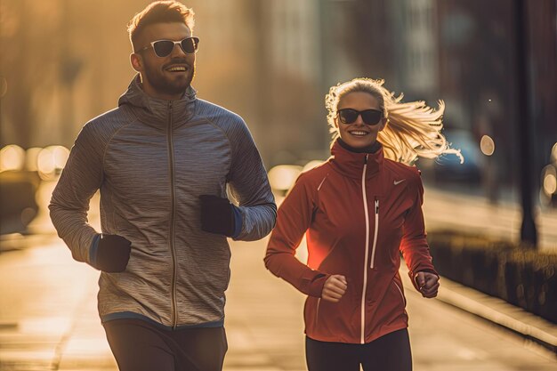 Felice coppia di adulti che fanno jogging al mattino Generativo Ai