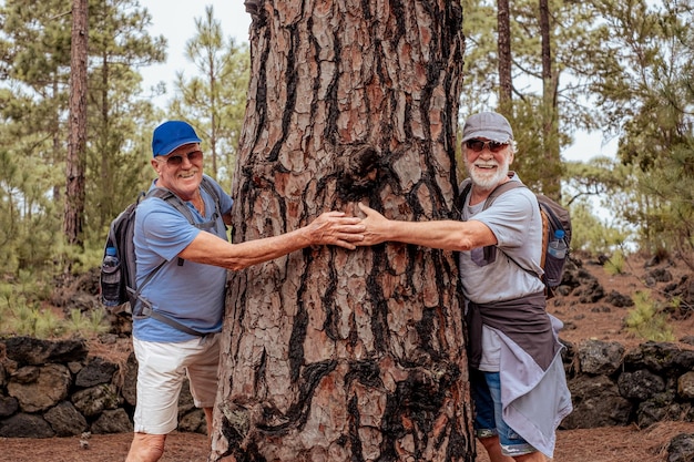 Felice coppia di amici anziani in escursione in montagna guardando la telecamera ridendo mentre abbracciano un grande tronco d'albero due pensionati che si godono uno stile di vita sano nella natura