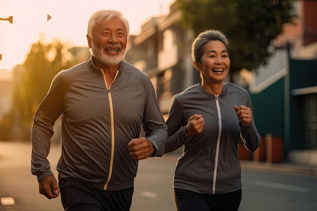 Felice coppia di anziani asiatici che fanno jogging al mattino Generativo Ai