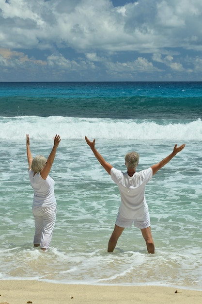 Felice coppia di anziani in appoggio sulla spiaggia agitando le mani