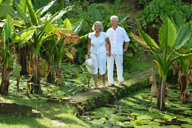 Felice coppia di anziani in giardino tropicale all'aperto