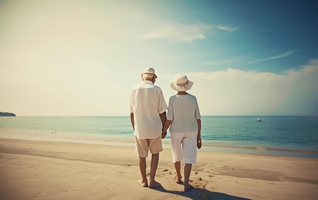 Felice coppia di anziani nonno e nonna vista dal retro tenendosi per mano Generativo Ai