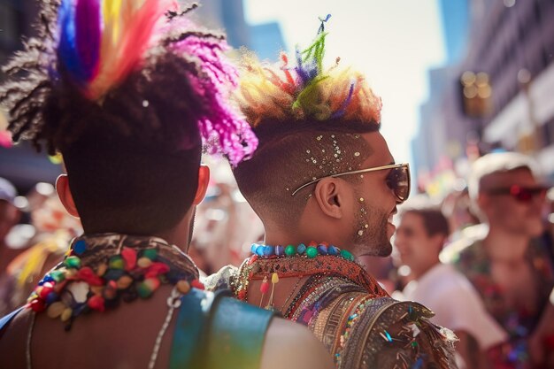 Felice coppia gay che celebra alla LGBTQ Pride Parade a New York USA Pride Month Celebration