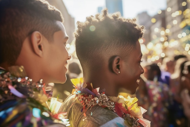 Felice coppia gay che celebra alla LGBTQ Pride Parade a New York USA Pride Month Celebration