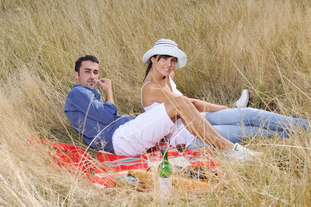 felice coppia giovane godendo picnic in campagna nel campo e divertirsi