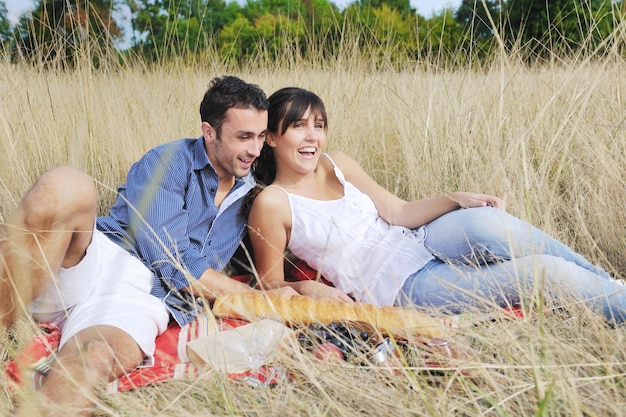 felice coppia giovane godendo picnic in campagna nel campo e divertirsi