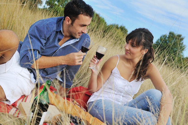 felice coppia giovane godendo picnic in campagna nel campo e divertirsi