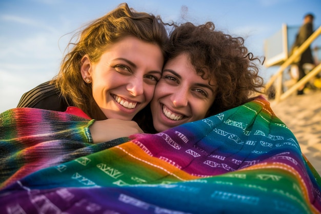 Felice coppia lesbica che celebra sulla spiaggia la parata del Pride LGBTQ a Tel Aviv