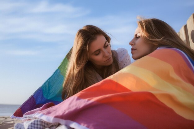 Felice coppia lesbica che celebra sulla spiaggia la parata del Pride LGBTQ a Tel Aviv