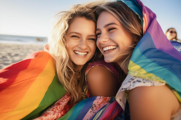 Felice coppia lesbica che festeggia sulla spiaggia alla parata del Pride LGBTQ a Tel Aviv