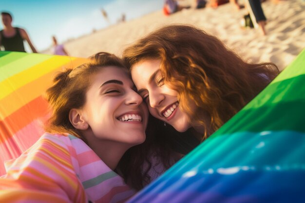 Felice coppia lesbica che festeggia sulla spiaggia alla parata del Pride LGBTQ a Tel Aviv