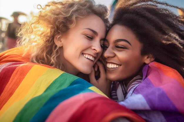 Felice coppia lesbica che festeggia sulla spiaggia alla parata del Pride LGBTQ a Tel Aviv