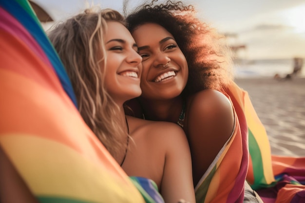 Felice coppia lesbica che festeggia sulla spiaggia alla parata del Pride LGBTQ a Tel Aviv