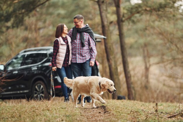 Felice coppia matura fare una passeggiata con il loro cane nella foresta autunnale o primaverile vicino a un'auto moderna