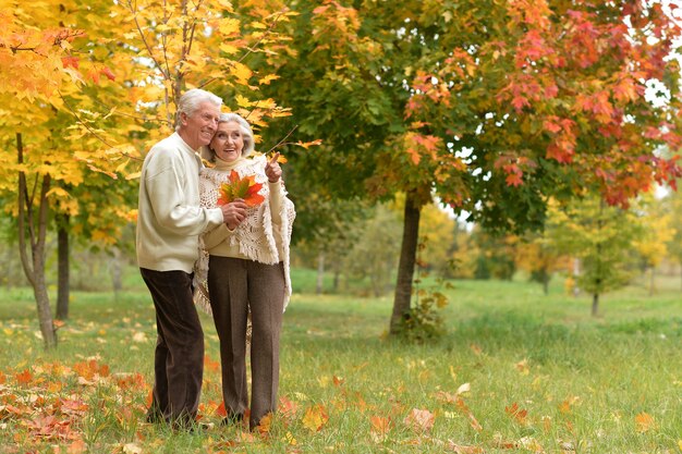 Felice coppia matura in posa all'aperto in autunno