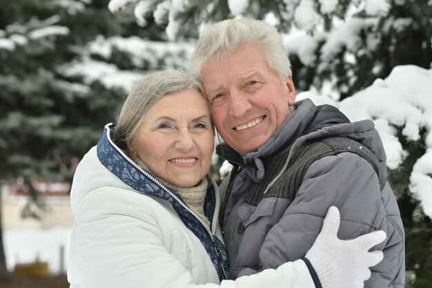 Felice coppia senior che cammina in inverno all'aperto