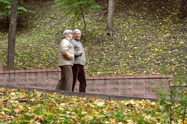 Felice coppia senior che cammina nel parco autunnale