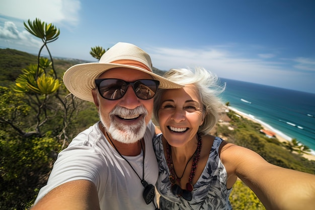 Felice coppia senior che si fa un selfie all'aperto durante le vacanze IA generativa