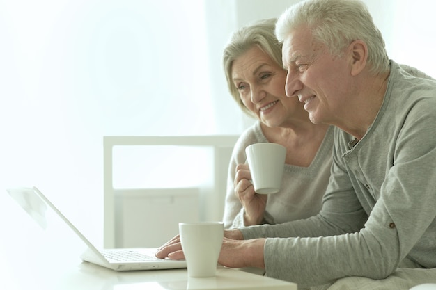 felice coppia senior con laptop a casa