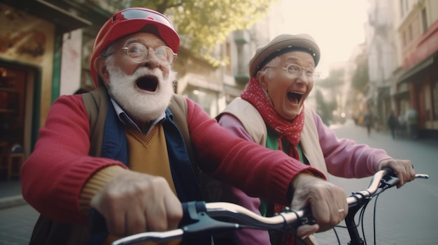 Felice coppia senior in abiti vivaci andare in bicicletta per strada in autunno