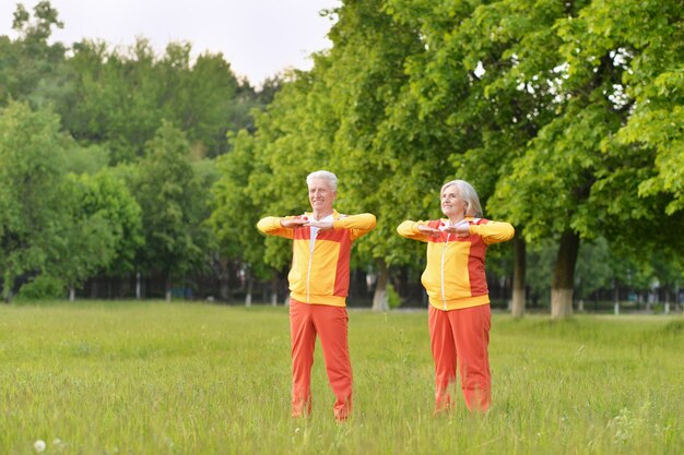 Felice coppia senior in forma che si esercita nel parco