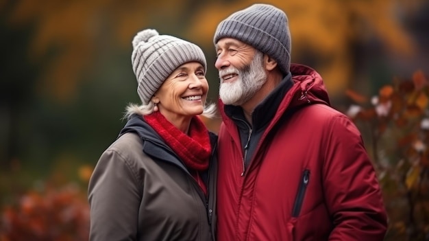 Felice coppia senior nel parco autunnale